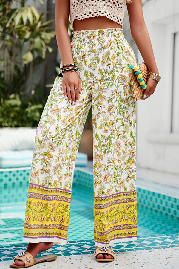 Floral Print Stretch Waist Pocket Wide Leg Pants