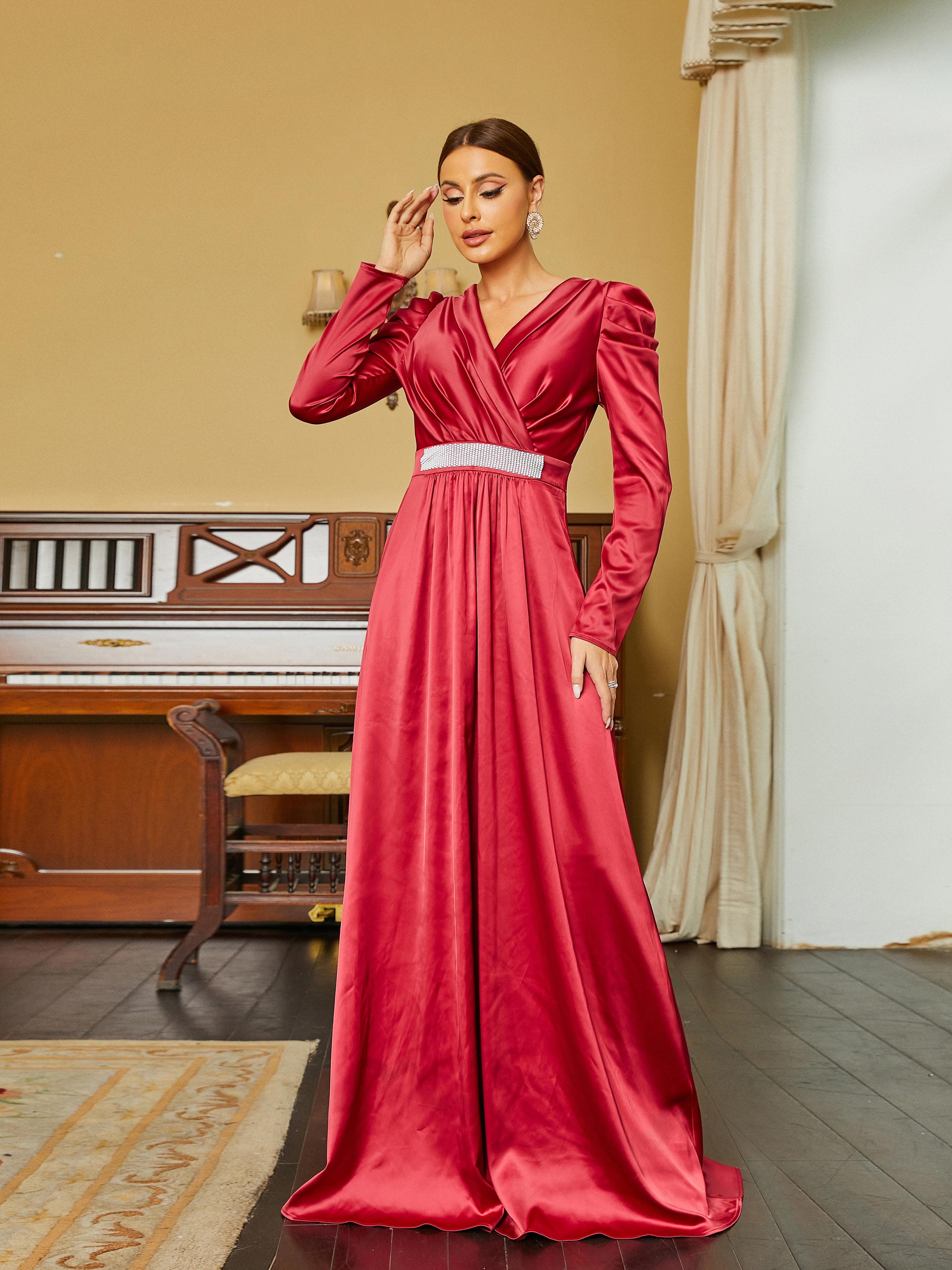 V Neck Long Sleeve Satin Maxi Wine Evening Dress RM20377