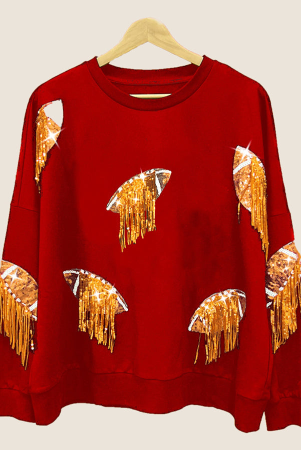 Rugby Sequined Patchwork Fringed Crew Neck Sweatshirt