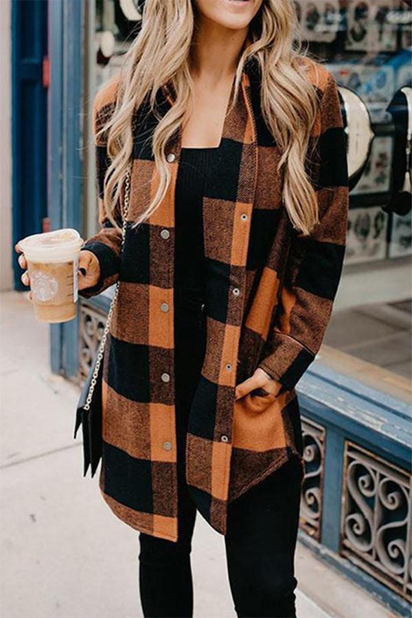 Lapel Plaid Long Sleeve Coat