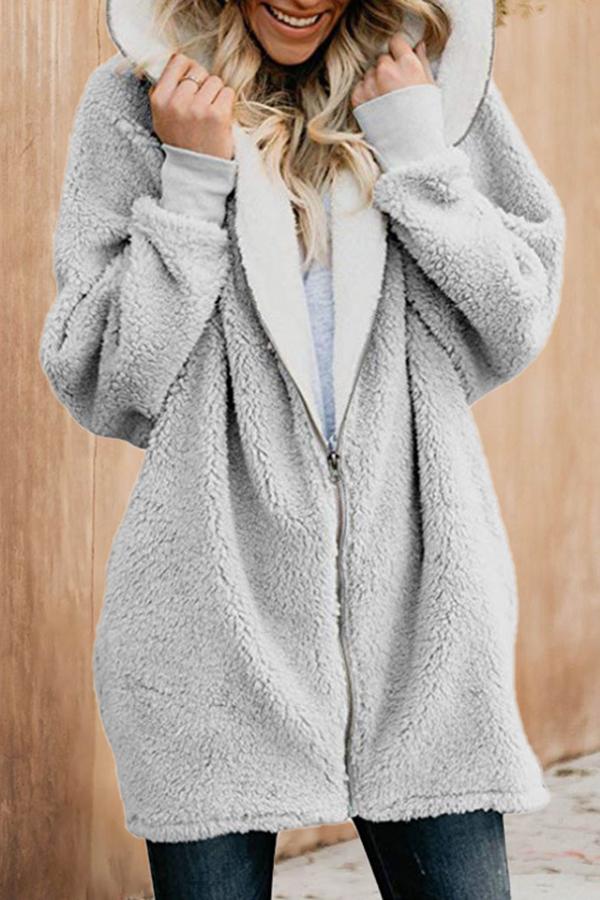 Fluffy Solid Color Hooded Coat