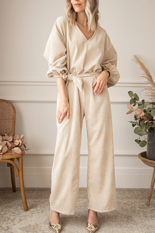 Apricot Keyhole Back V Neck Tie Waist Loose Jumpsuit