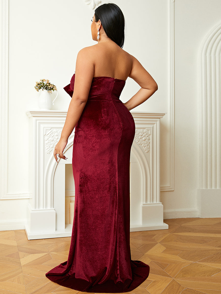 Plus Size Formal StraplessWine Velvet Curve Mermaid Evening Dress PJM099L