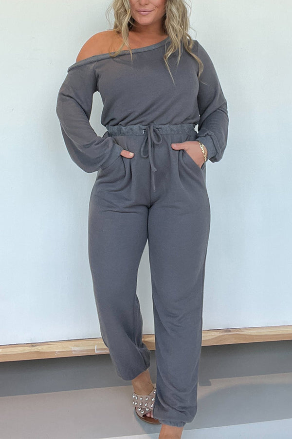 DARE ME OFF THE SHOULDER JUMPSUIT CHARCOAL