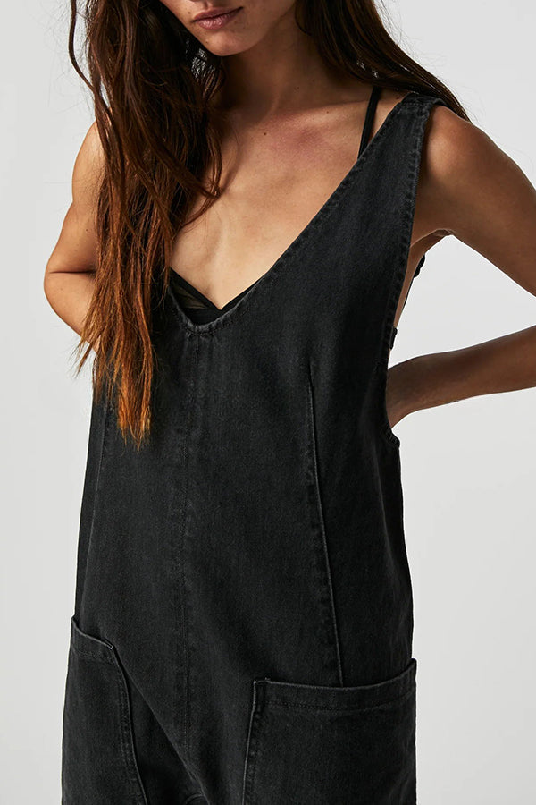 Pocket V Neck Suspender Denim Jumpsuit