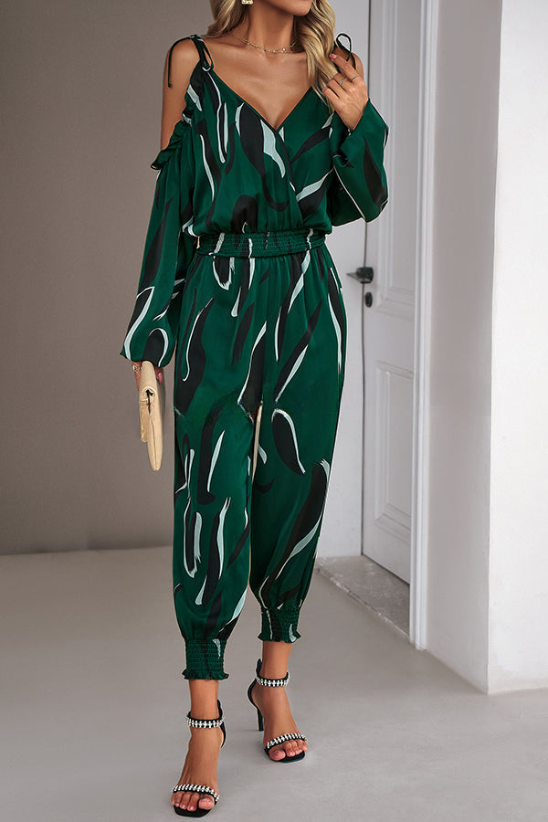 Graphic Print Stretch Waist Tie Long Sleeve Jumpsuit