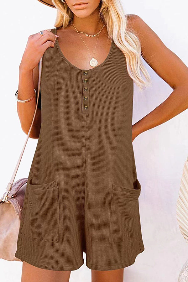 Summer Camping Waffle Fabric Button Up Pocketed Loose Romper