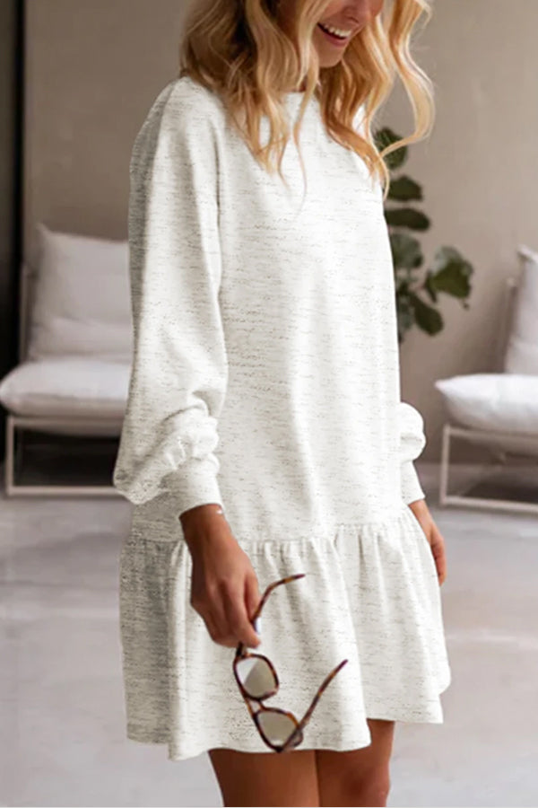 White Solid Color Ruffle Hem Mini Sweatshirt Dress