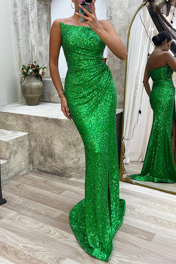 Let The Banquet Begin Sequin Off Shoulder Side Ruched Slit Maxi Dress