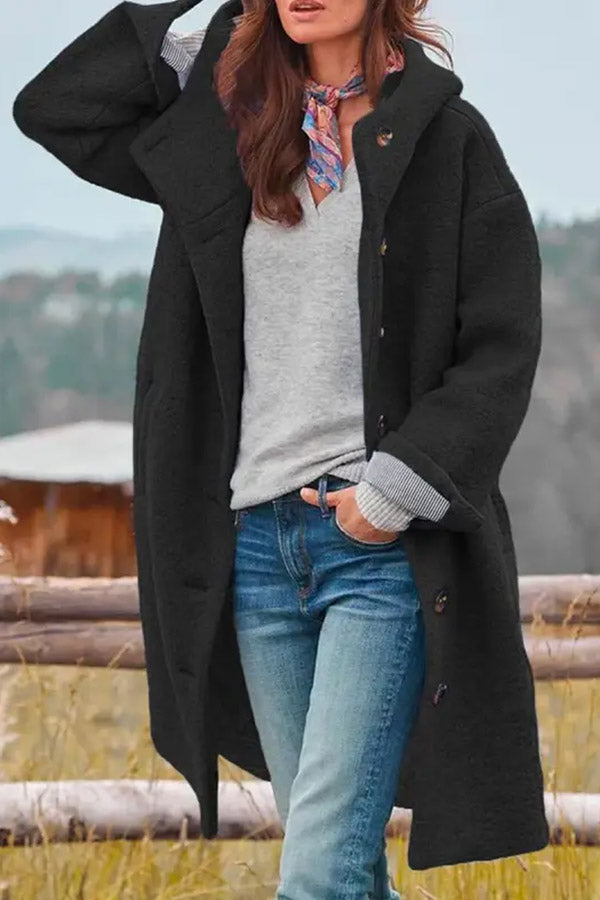 Casual Loose Solid Color Hooded Single-breasted Woolen Coat