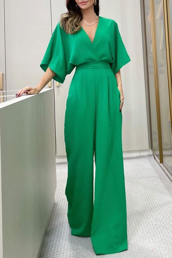 Esther Kimono Sleeve Elastic Waist Pocketed Wide Leg Jumpsuit