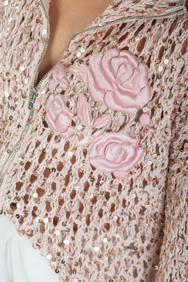 Festive Flicker Knit Sequin Rose Embroidery Pattern Hollow Out Zipper Cardigan