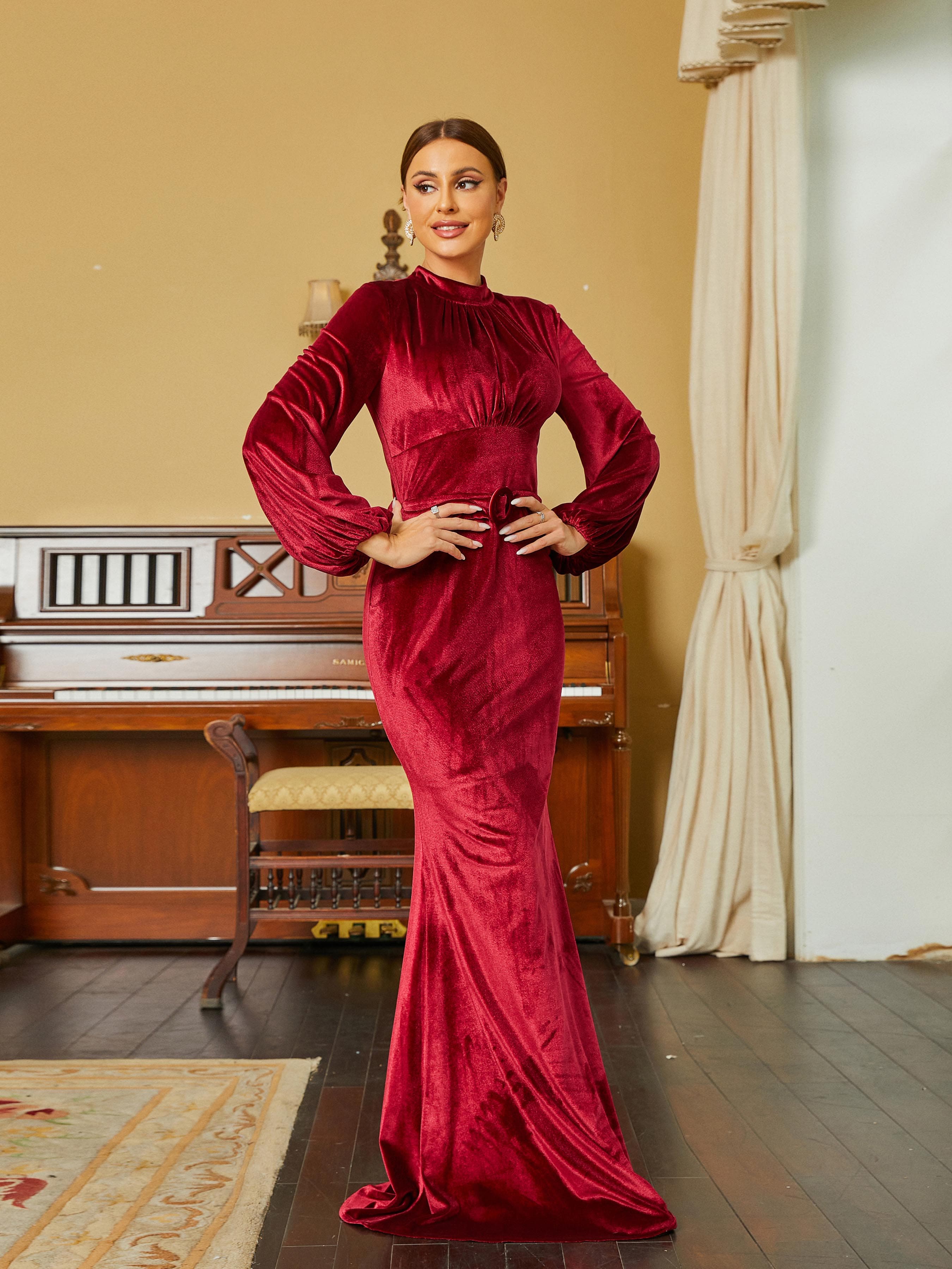 Mermaid Lantern Sleeve Wine Velvet Evening Dress RH30628