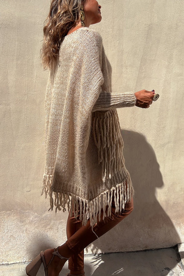 Coming with You Knit Tassel Trim Pocketed Loose Sweater