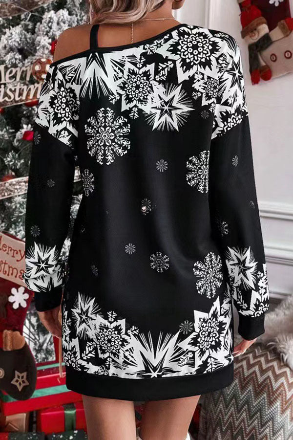 Christmas Snowflake Cold Shoulder Loose Sweatshirt Mini Dress