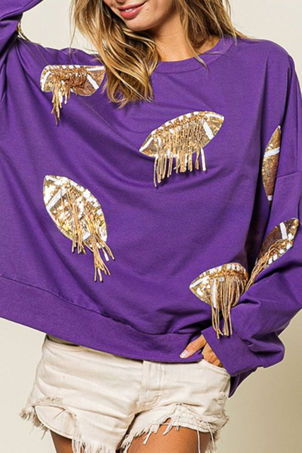 Rugby Sequined Patchwork Fringed Crew Neck Sweatshirt