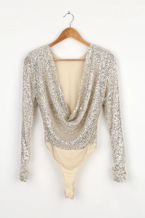 Midnight in London Silver Sequin Cowl Back Bodysuit