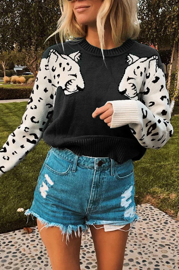 Always Spot Leopard Print Crew Neck Long Sleeve Sweater