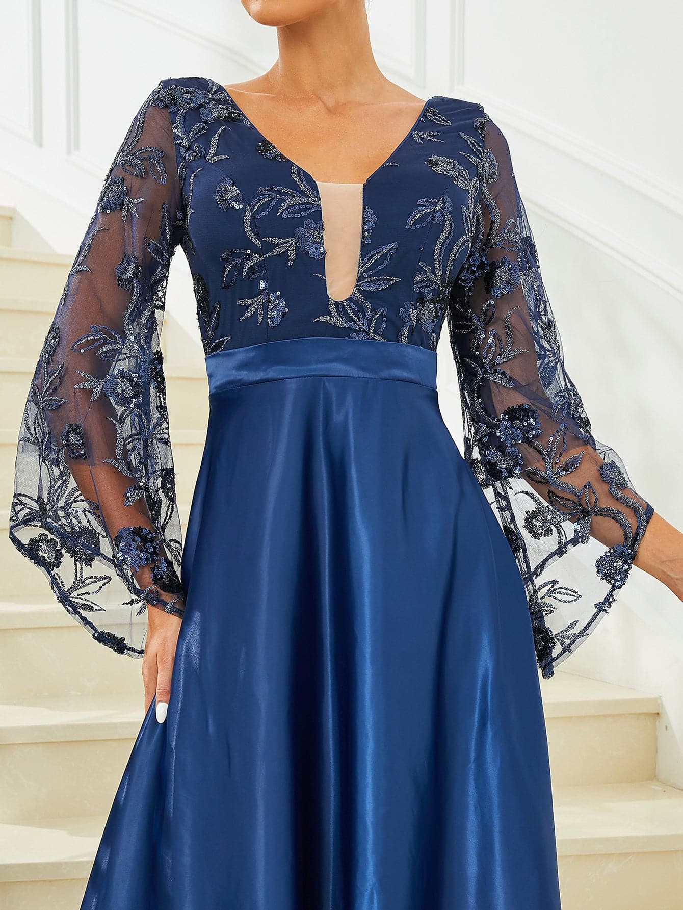 Formal A-Line Bell Sleeve Satin Blue Prom Dress RJ10439