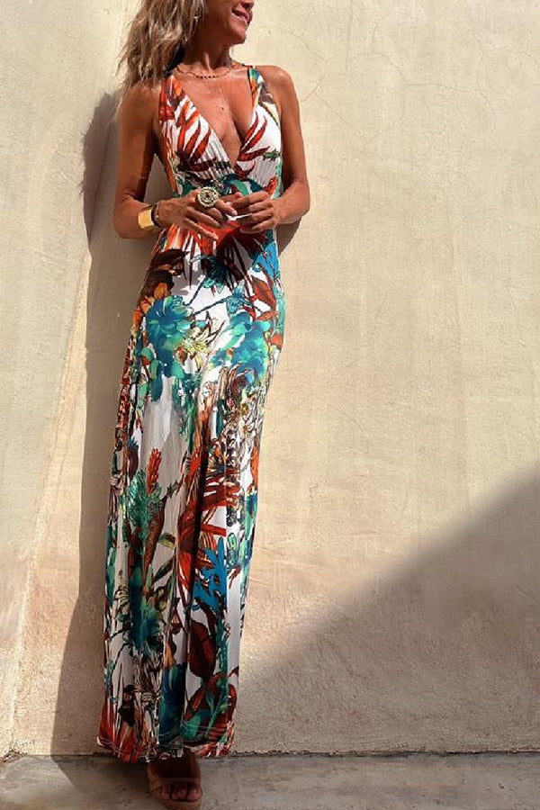 Rainforest Paradise Tropical Print Cutout Back Crossover Stretch Maxi Dress