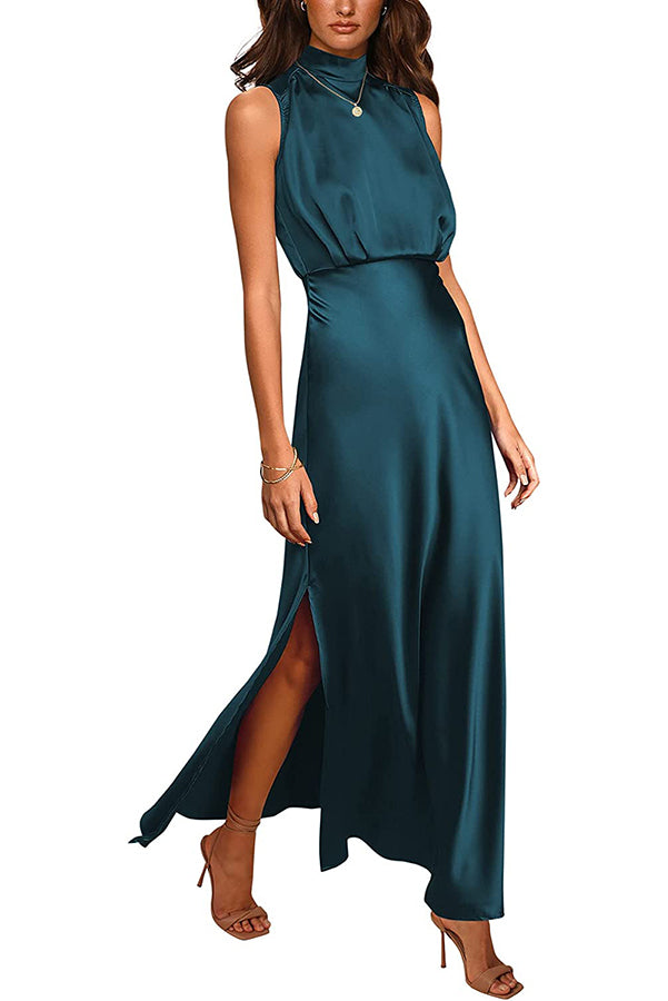 The Story of Us Satin High Neck Slit Maxi Dress