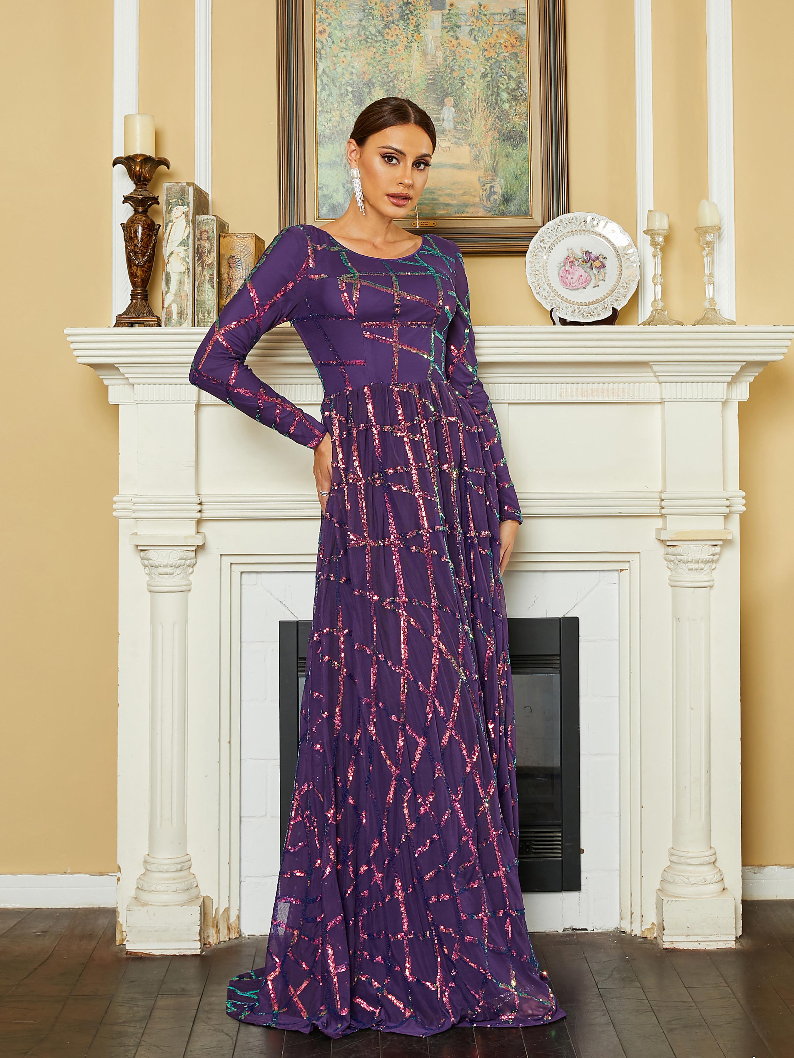 Crew Neck Long Sleeve A-Line Sequin Purple Prom Dress RJ10207