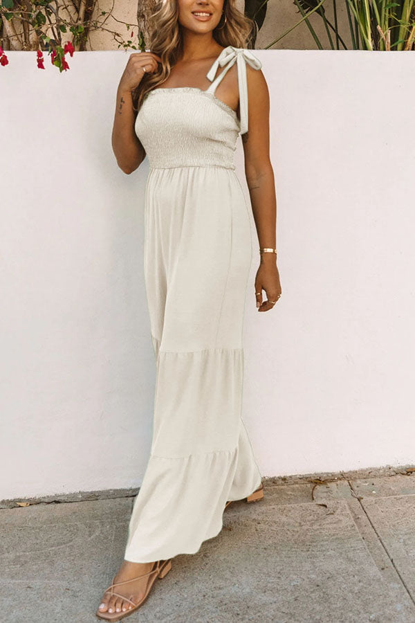 Tie Straps Shirred Casual Tiered Wide Leg Jumpsuit