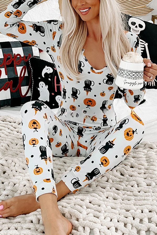 Ghost Country Halloween Print Long Sleeve Lounge Jumpsuit