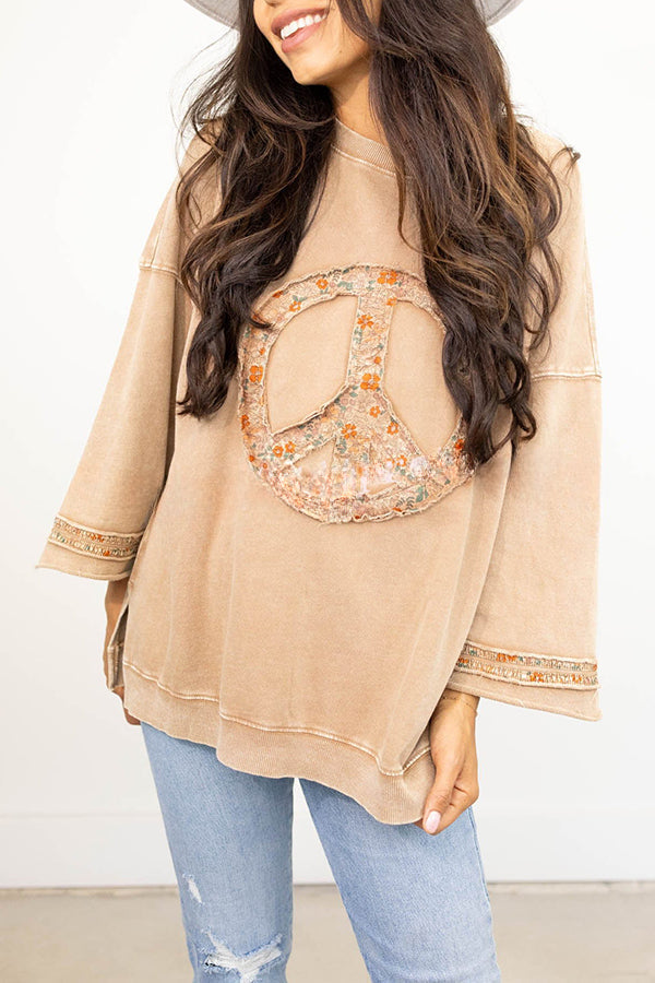 Peace Embroidered Round Neck Long Sleeve Sweatshirt