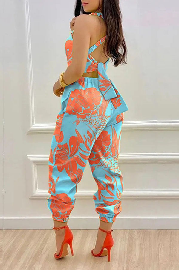 Libby Tropical Print Criss Cross Tied Detail Backless Jumpsuit