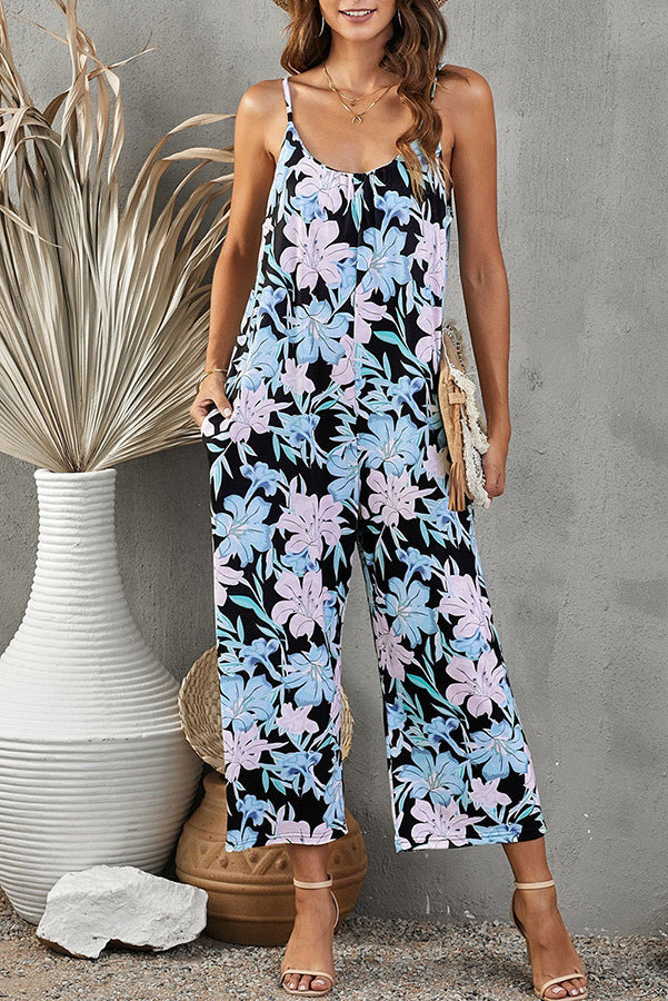 Debby Floral Print Pocketed Strap Relaxed Jumpsuit