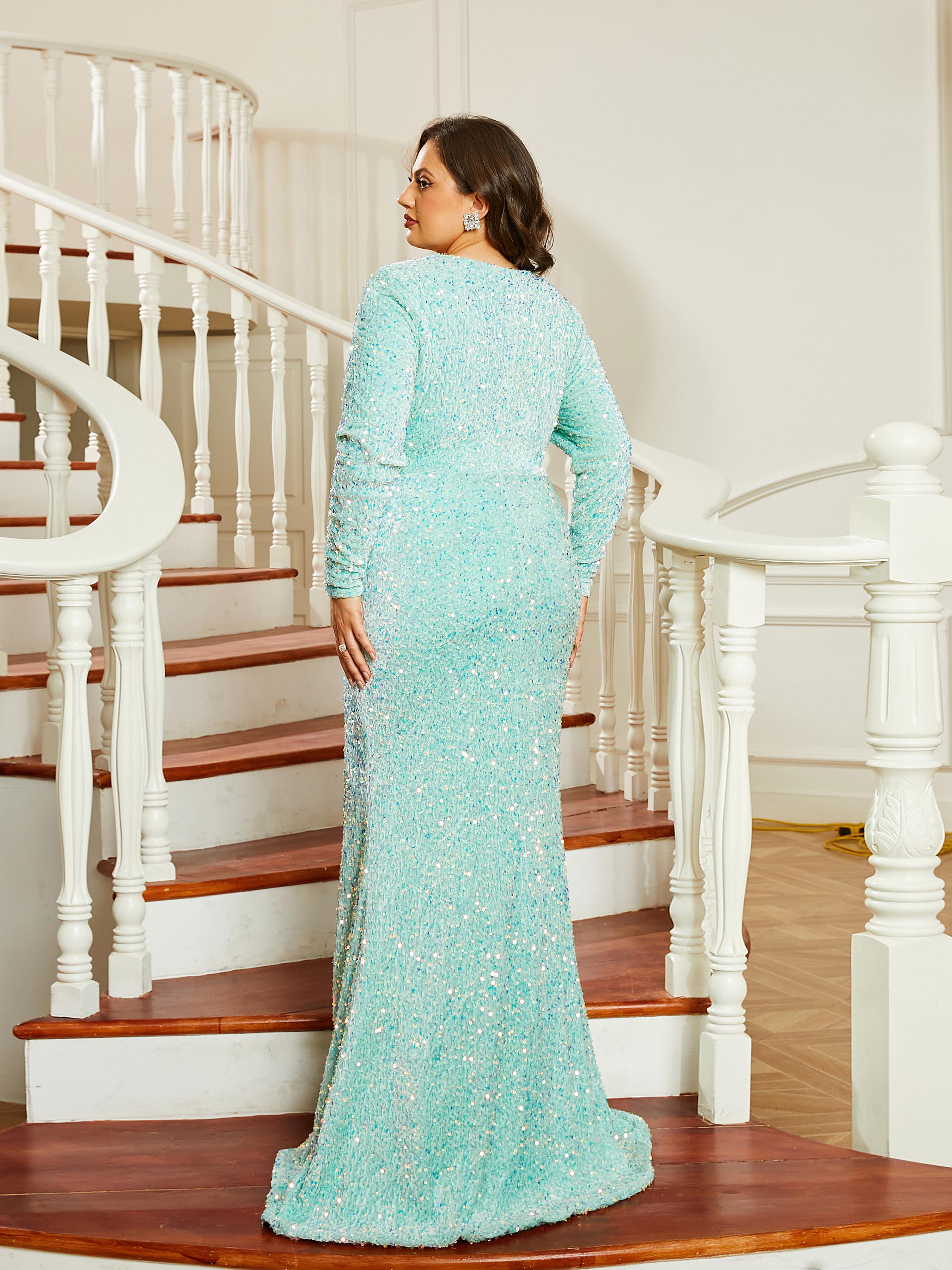 Plus Size V-Neck Cutout Split Mermaid Long Sleeve Prom Dress PRH30670