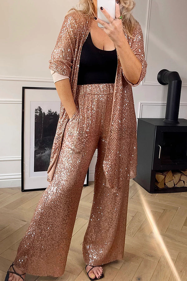 Shine Bright Sequin Half Sleeve Open Front Drape Midi Kimono