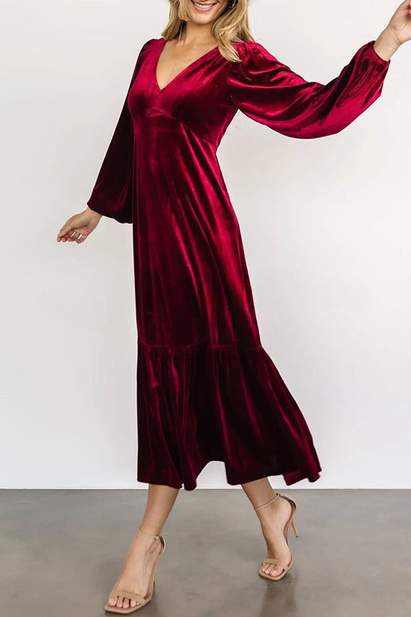 Erika Puff Sleeved Velvet Ruffled Midi Dress