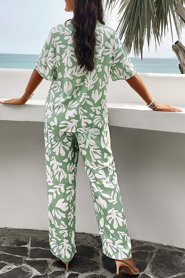 Fun Printed Button Pocket Long Sleeve Shirt and Elastic Waist Pants Set