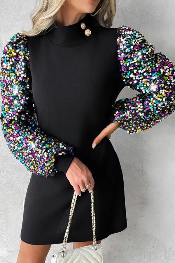 Color Block Turtleneck Balloon Sleeves Sequined Button Mini Dress