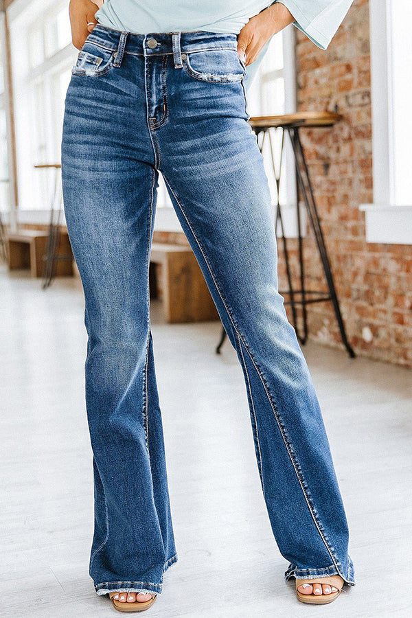 Washed High Rise Pocket Button Wide Leg Jeans