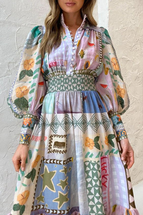 Playfully Chic Unique Print Balloon Sleeve Smocked Waist Shirt Midi Dress