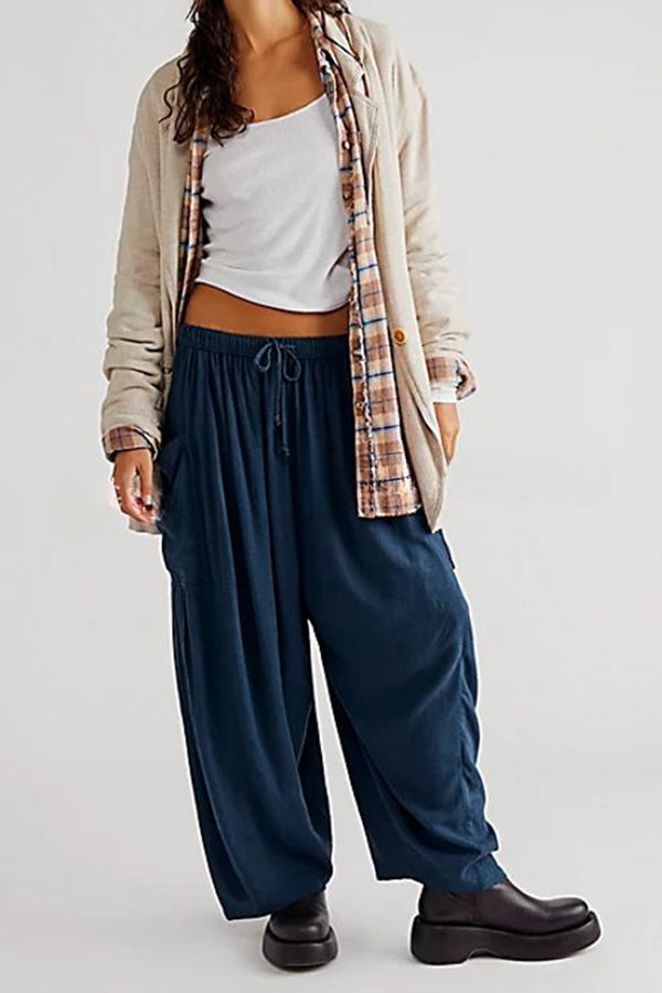 Fashion Temperament Elastic Waist Pleated Wide Leg Pants