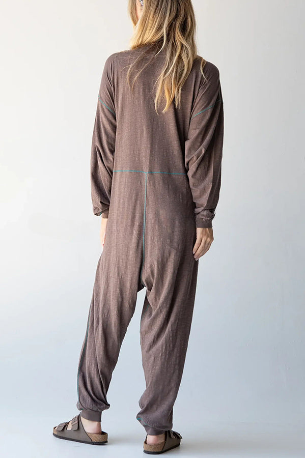 Home or Traveling Cotton Blend Long Sleeve Pocketed Loose Jumpsuit