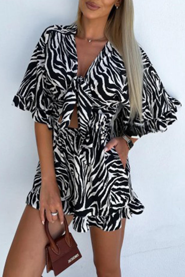 Zebra Print Ruffled Sleeves Dropped Sleeves V Neck Tie High Waist Romper