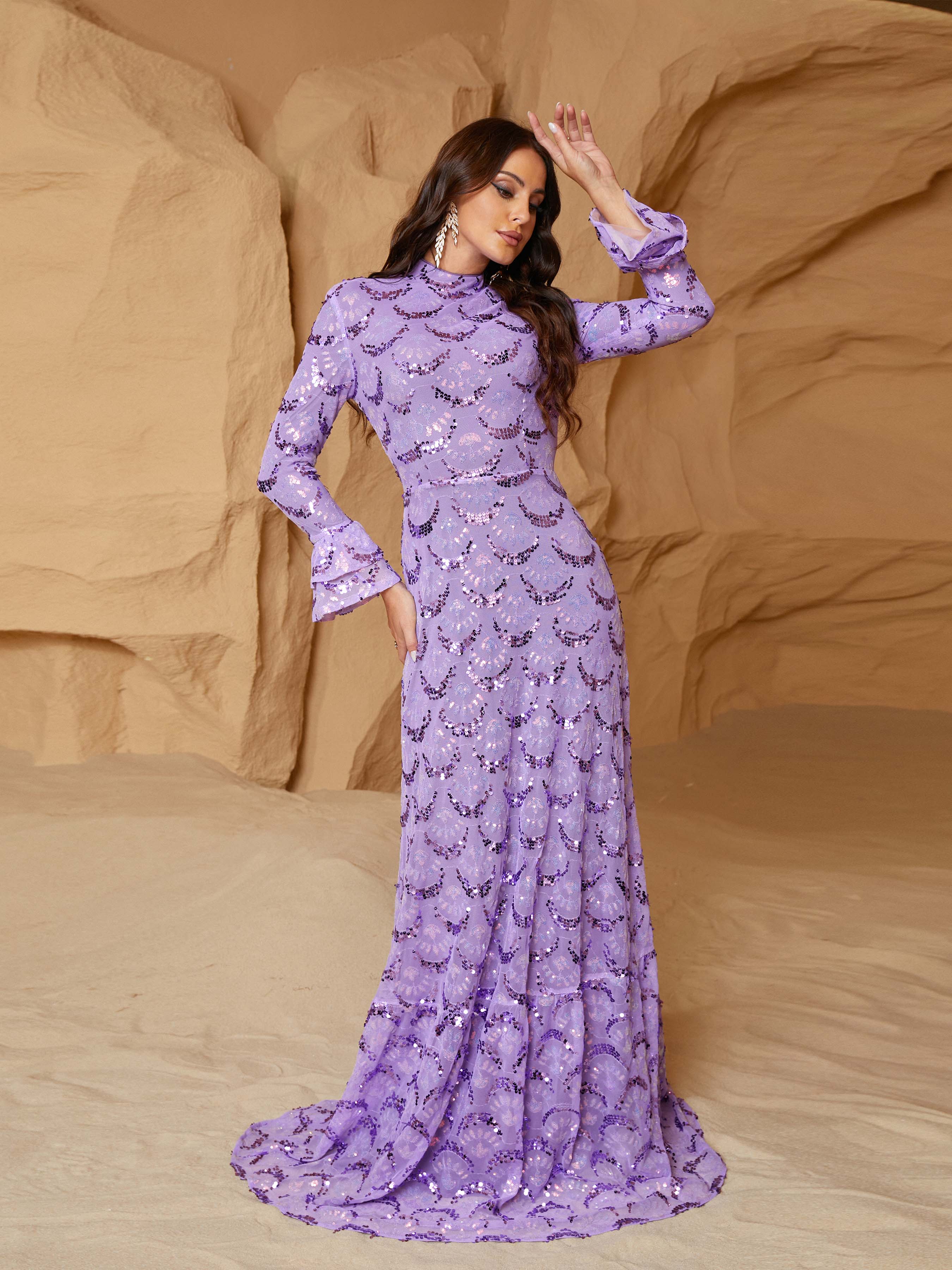 Bell Sleeve A-Line Sequin Purple Formal Dress RJ11091