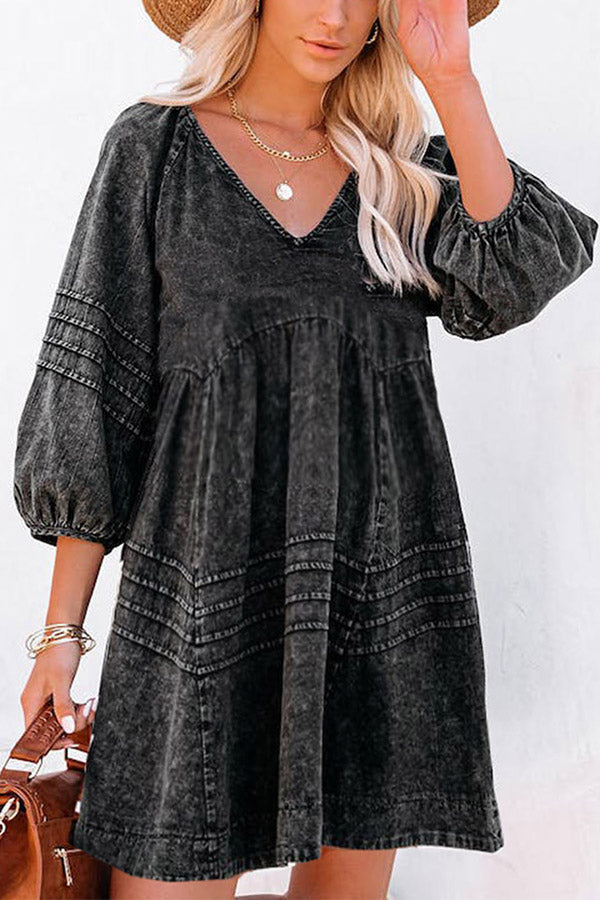 Black Dark Wash Empire Waist V Neck Denim Dress