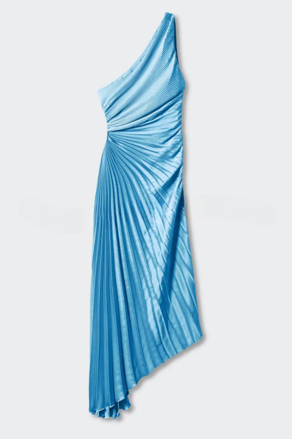 Glam Vibes Satin One Shoulder Side Cutout Pleated Maxi Dress