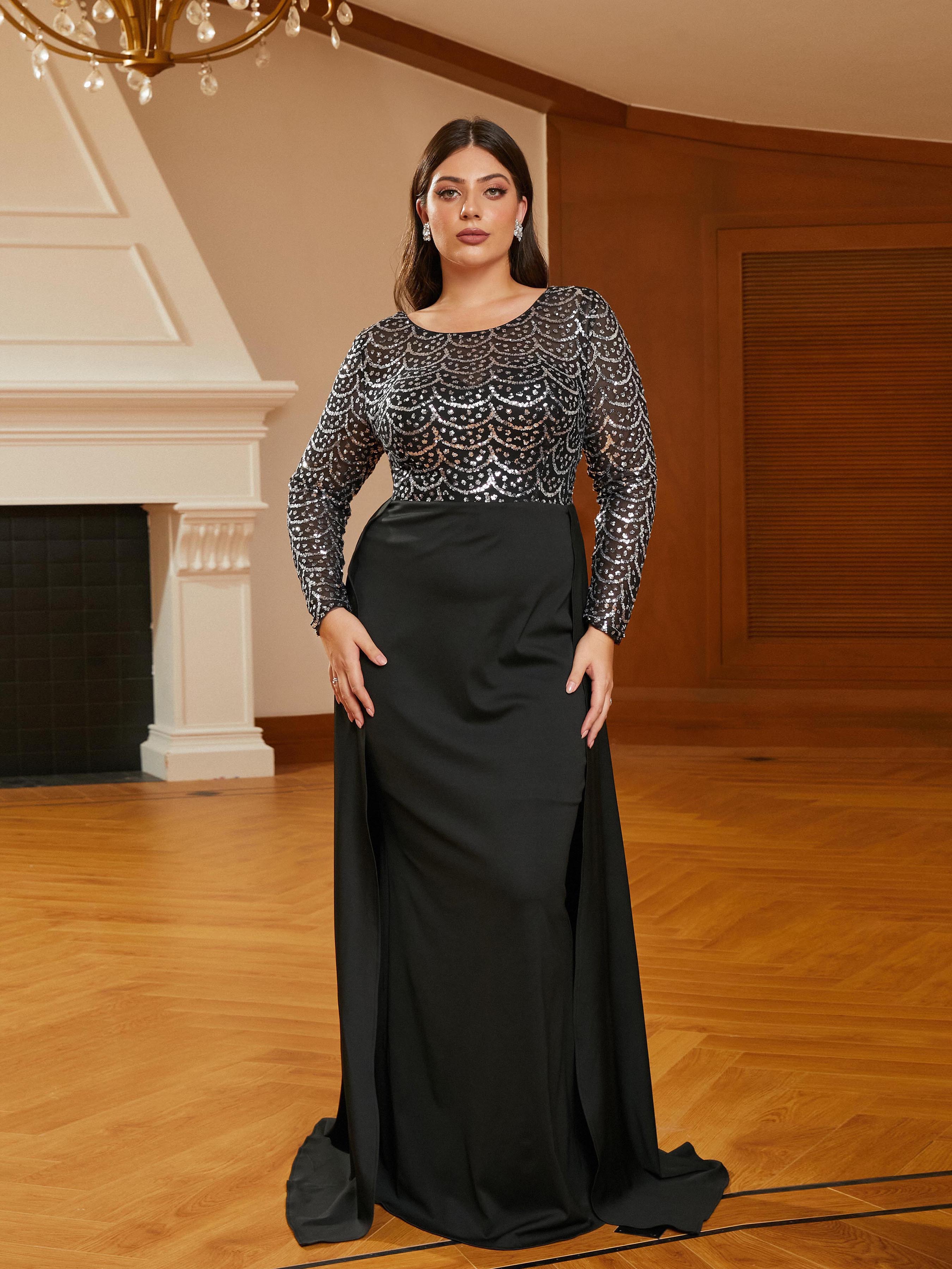 Plus Size Crew Collar Panel Sequin Black Evening Dress PRM20618