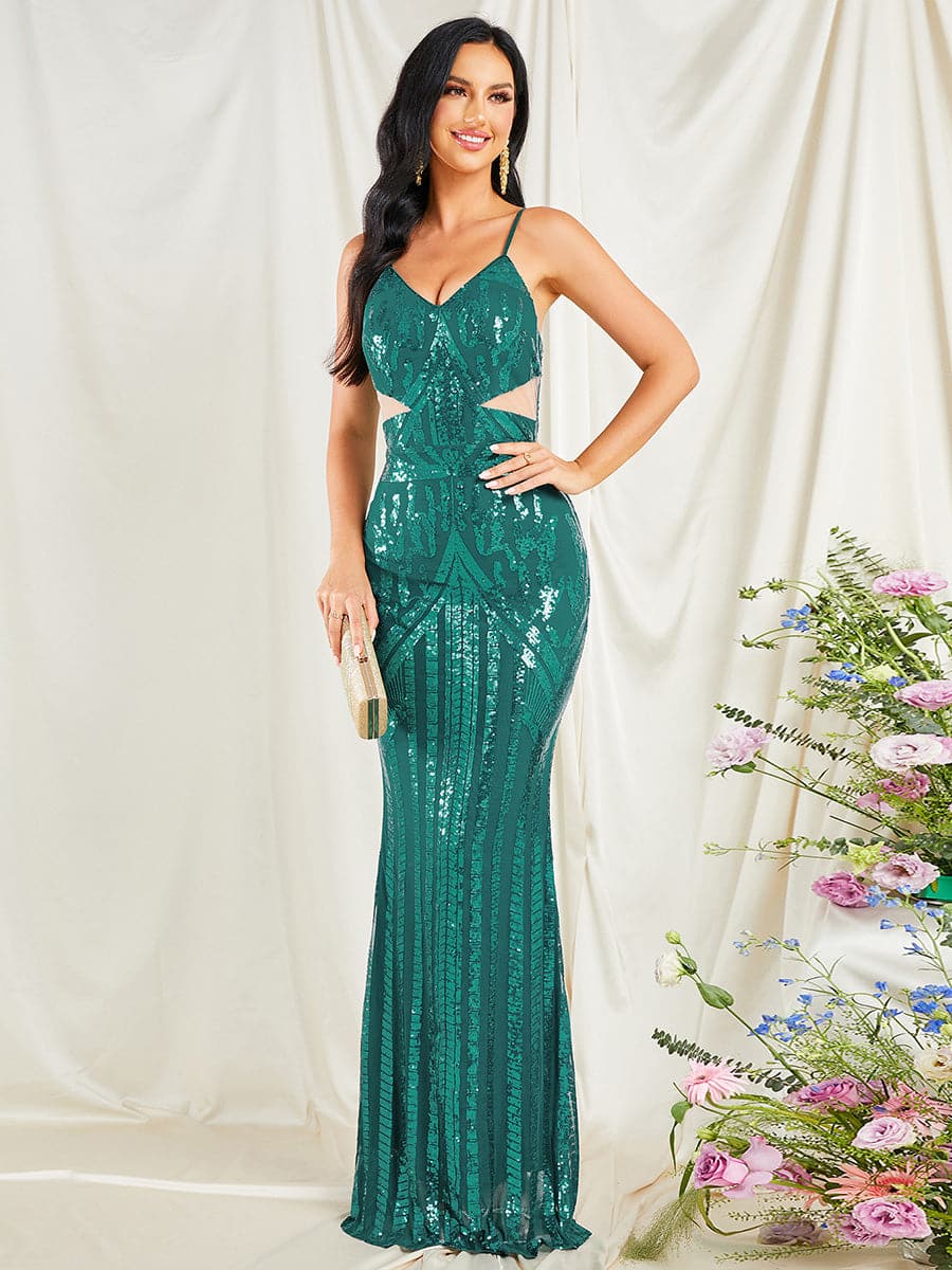 Spaghetti Strap V Neck Cutout Green Evening Dress RM20078