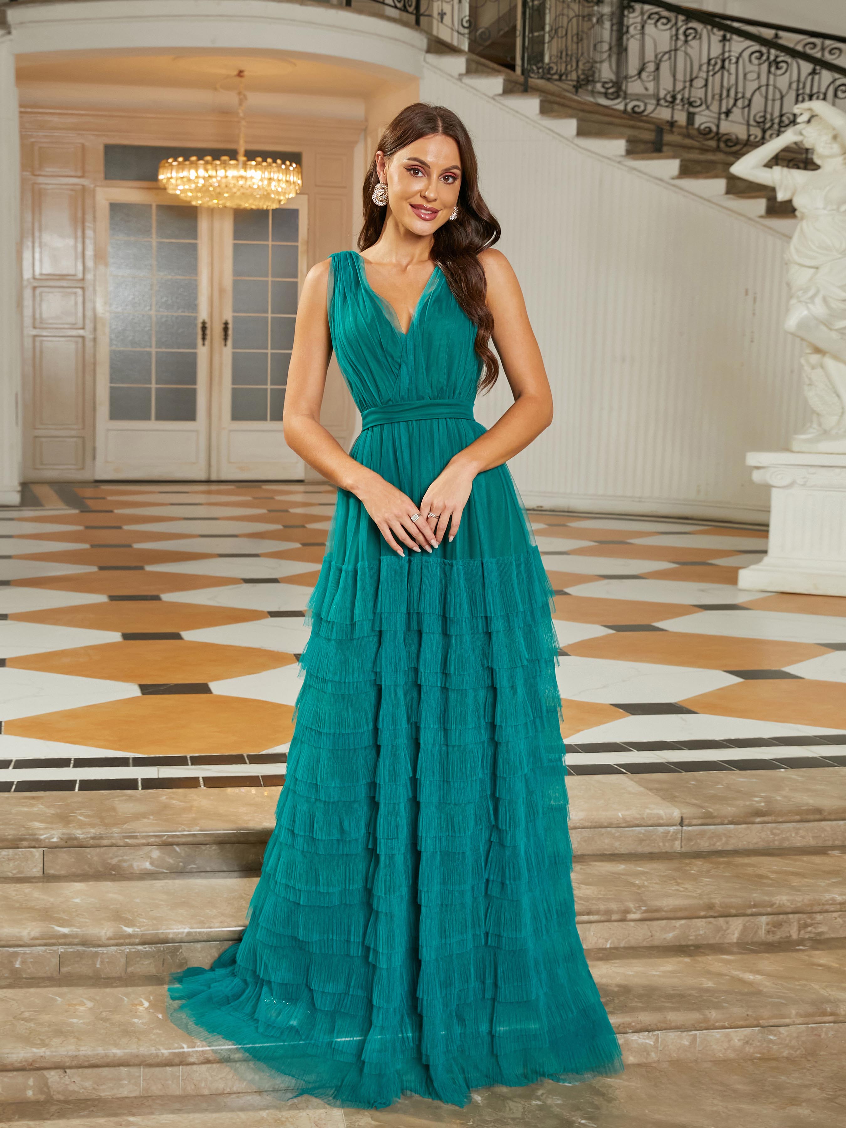 Formal V-Neck Tiered Mesh Green Ball Gown RJ11113