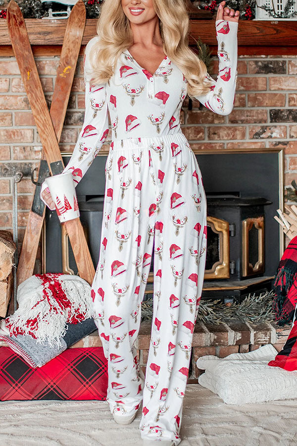 Start The Festival Gingerbread Print Ribbed Elastic Waist Lounge Pajama Set