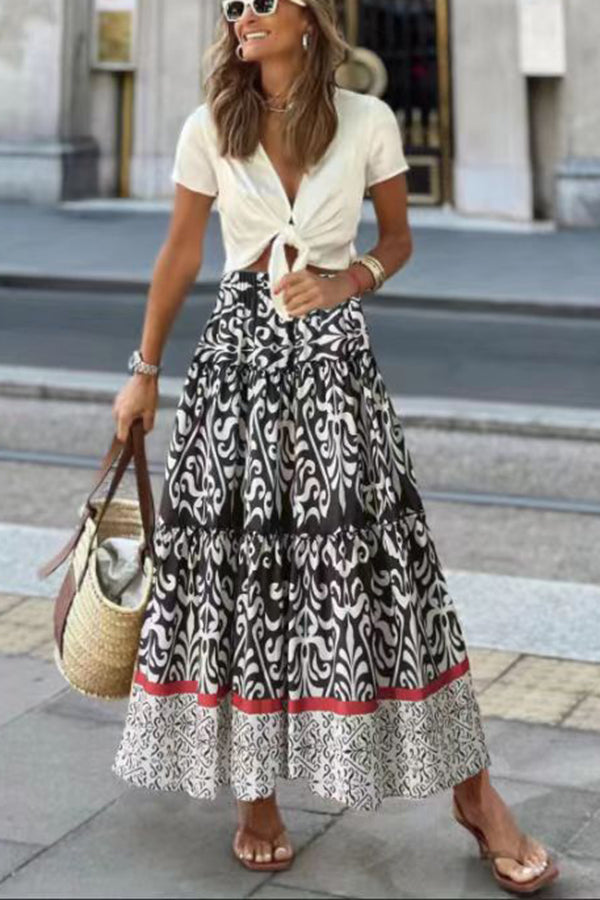 Rosine Ethnic Print Elastic Waist Tiered Midi Skirt