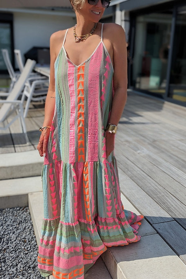 Away on Vacay Ethnic Print A-line Cami Maxi Dress